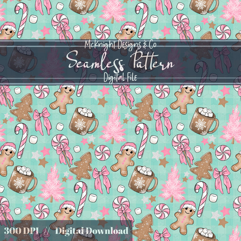 Gingerbread Christmas Kitchen Seamless Pattern - Pink Holiday Baking, Candy Canes McKnight Designs & Co Seamless Pattern File Mint