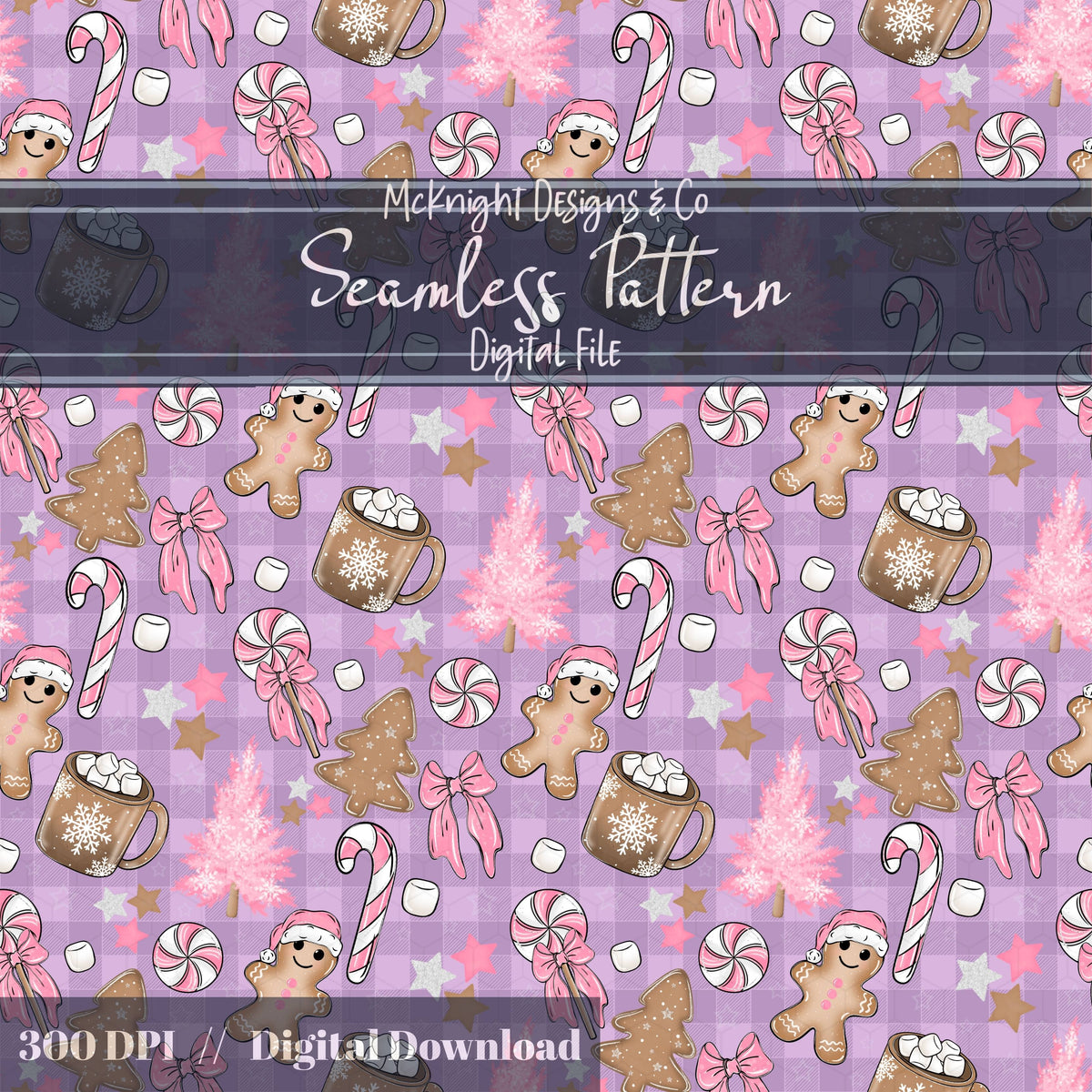 Gingerbread Christmas Kitchen Seamless Pattern - Pink Holiday Baking, Candy Canes McKnight Designs & Co Seamless Pattern File Purple