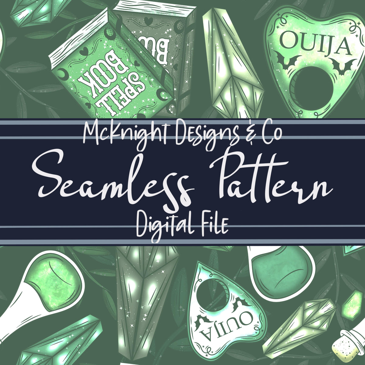 Witchy Spellbooks & Crystals Seamless Pattern – Hand-Drawn Magical Digital Design for Fabric, Vinyl & Sublimation McKnight Designs & Co Seamless Pattern File Green