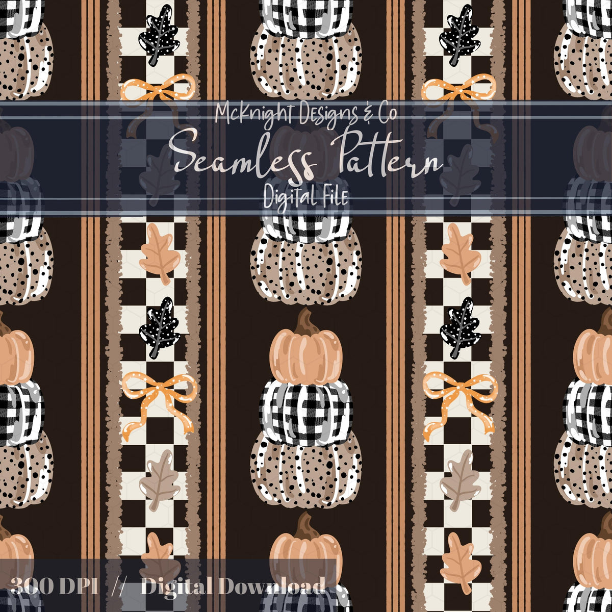 Fall Pumpkin & Bow Stacked Stripe Seamless Pattern McKnight Designs & Co Seamless Pattern File