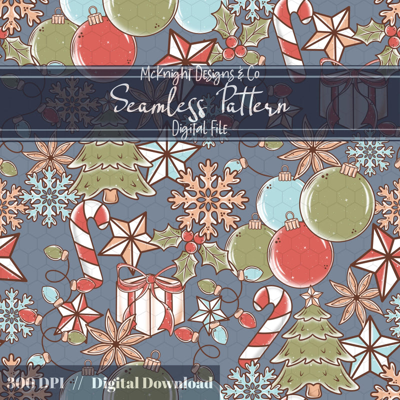 Retro Christmas Vibes Seamless Pattern – Vintage Holiday Lights, Ornaments & Candy Canes McKnight Designs & Co Seamless Pattern File