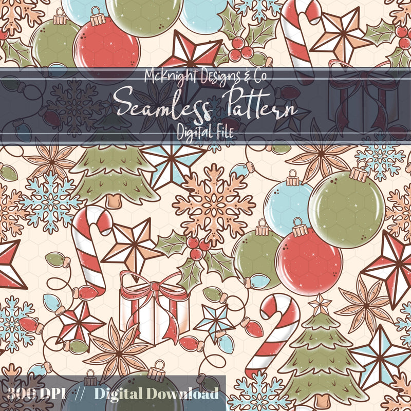 Retro Christmas Vibes Seamless Pattern – Vintage Holiday Lights, Ornaments & Candy Canes McKnight Designs & Co Seamless Pattern File