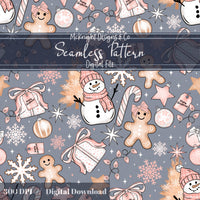 Snowman & Gingerbread Christmas Seamless Pattern – Pink Winter Holiday Digital McKnight Designs & Co Seamless Pattern File Blue