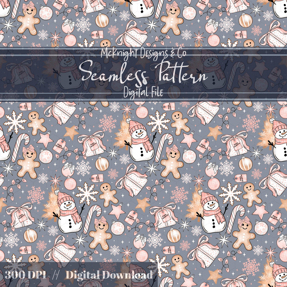 Snowman & Gingerbread Christmas Seamless Pattern – Pink Winter Holiday Digital McKnight Designs & Co Seamless Pattern File