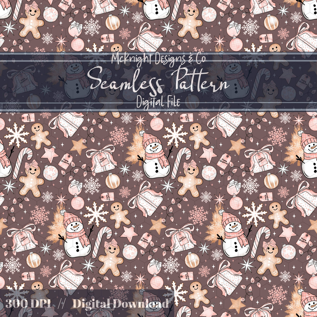 Snowman & Gingerbread Christmas Seamless Pattern – Pink Winter Holiday Digital McKnight Designs & Co Seamless Pattern File