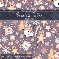 Snowman & Gingerbread Christmas Seamless Pattern – Pink Winter Holiday Digital McKnight Designs & Co Seamless Pattern File Purple