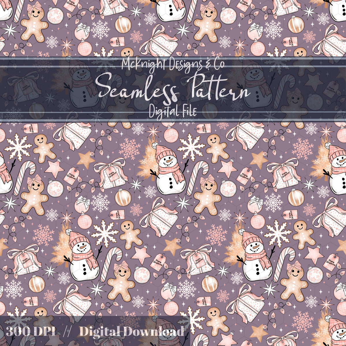 Snowman & Gingerbread Christmas Seamless Pattern – Pink Winter Holiday Digital McKnight Designs & Co Seamless Pattern File