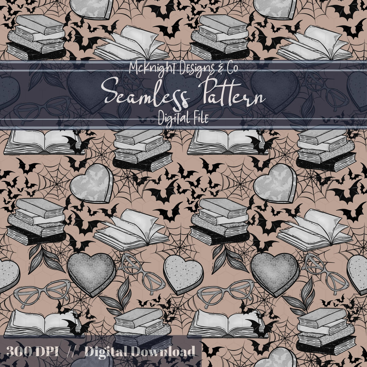 Spooky Bookish Seamless Pattern – Digital Download McKnight Designs & Co Seamless Pattern File B&W Tan