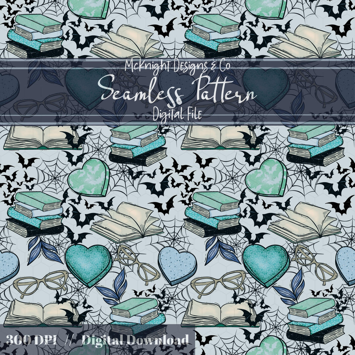 Spooky Bookish Seamless Pattern – Digital Download McKnight Designs & Co Seamless Pattern File Blue Teal