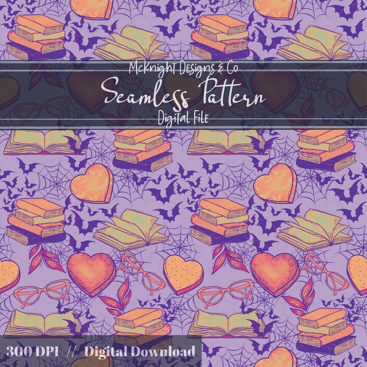 Spooky Bookish Seamless Pattern – Digital Download McKnight Designs & Co Seamless Pattern File Neon Purple