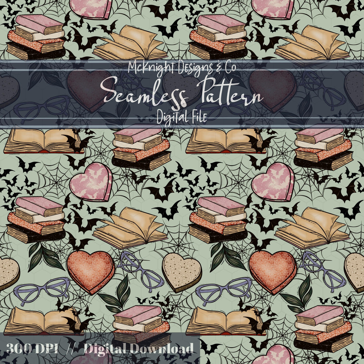 Spooky Bookish Seamless Pattern – Digital Download McKnight Designs & Co Seamless Pattern File Peach Pink Green