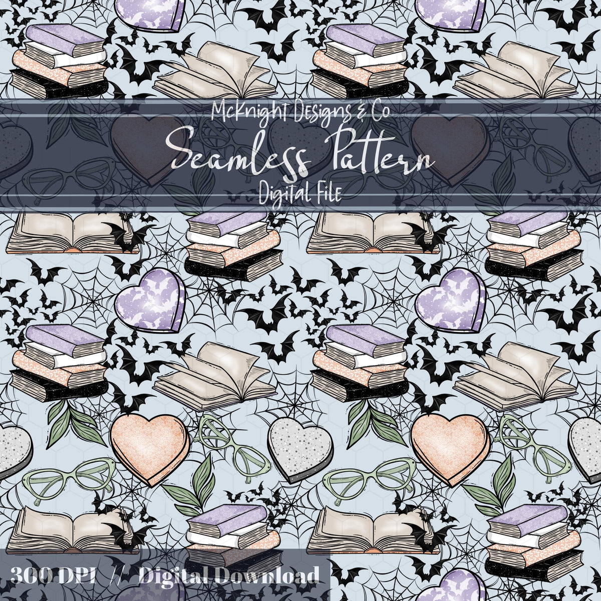 Spooky Bookish Seamless Pattern – Digital Download McKnight Designs & Co Seamless Pattern File Peach Purple Blue