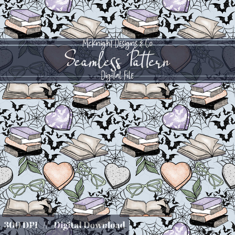 Spooky Bookish Seamless Pattern – Digital Download McKnight Designs & Co Seamless Pattern File Peach Purple Blue