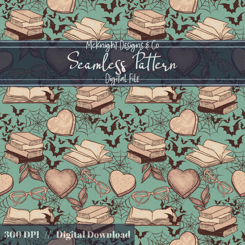 Spooky Bookish Seamless Pattern – Digital Download McKnight Designs & Co Seamless Pattern File Tan Teal