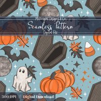 Spooky Vintage Halloween Seamless Pattern – Coffins Ghosts Pumpkins PNG McKnight Designs & Co Seamless Pattern File