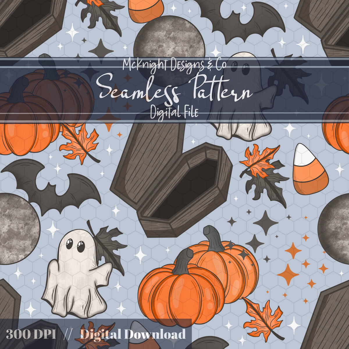 Spooky Vintage Halloween Seamless Pattern – Coffins Ghosts Pumpkins PNG McKnight Designs & Co Seamless Pattern File