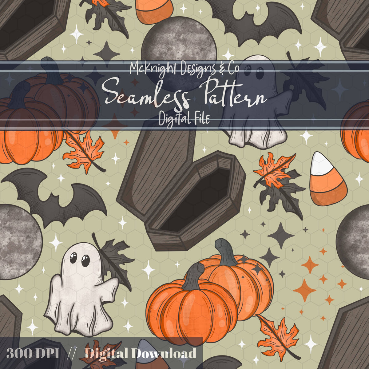 Spooky Vintage Halloween Seamless Pattern – Coffins Ghosts Pumpkins PNG McKnight Designs & Co Seamless Pattern File