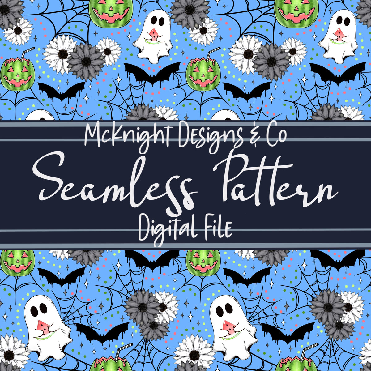 Spooky Summer Watermelon Ghosts & Bats Seamless Pattern McKnight Designs & Co Seamless Pattern File Blue
