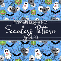 Spooky Summer Watermelon Ghosts & Bats Seamless Pattern McKnight Designs & Co Seamless Pattern File Blue