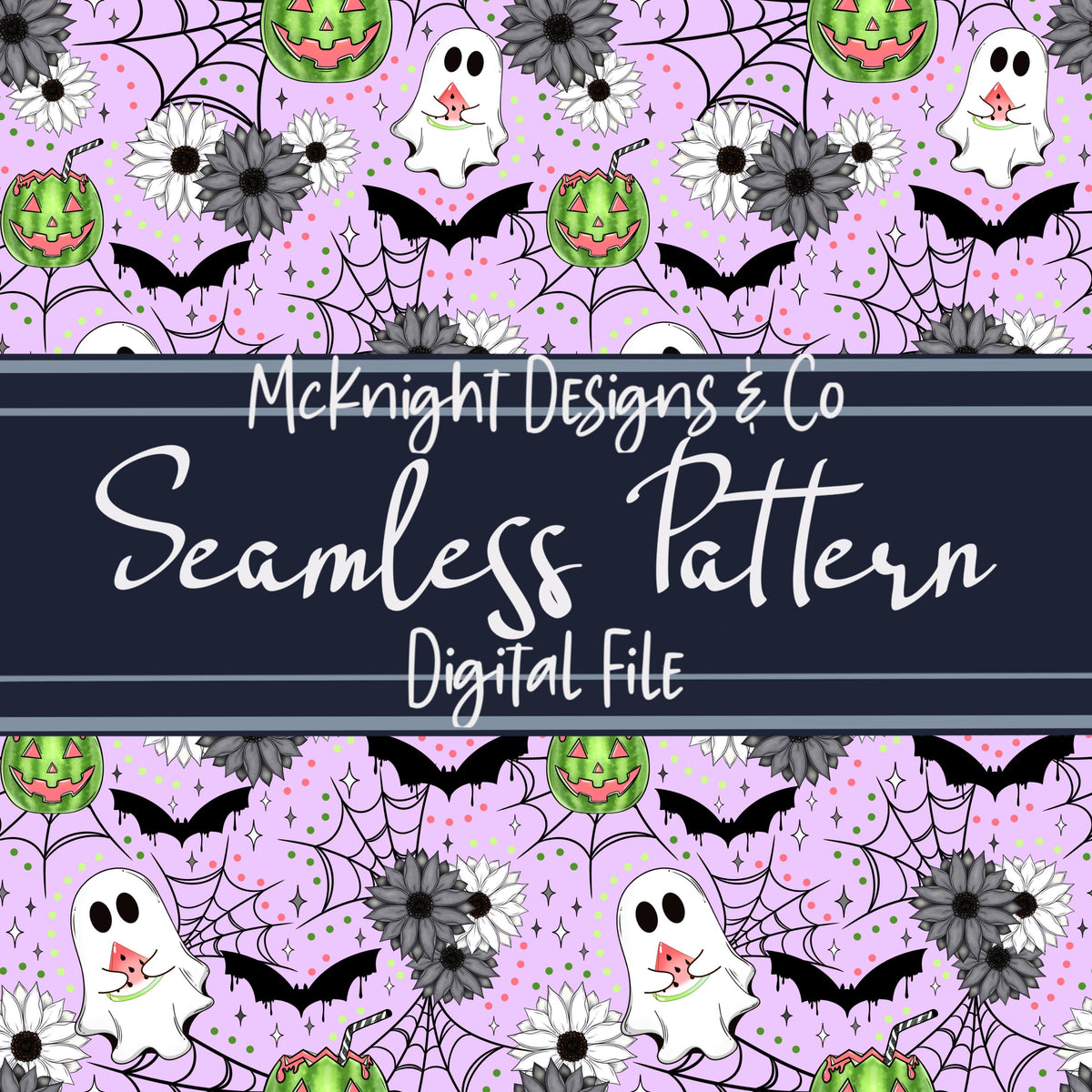 Spooky Summer Watermelon Ghosts & Bats Seamless Pattern McKnight Designs & Co Seamless Pattern File Orchid