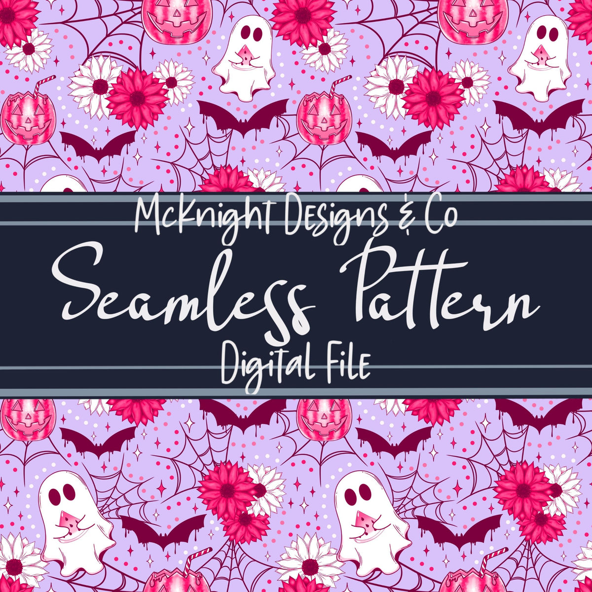 Spooky Summer Watermelon Ghosts & Bats Seamless Pattern McKnight Designs & Co Seamless Pattern File Pink Purple