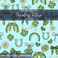 St. Patrick’s Day Lucky Seamless Pattern | Clover Bow Rainbow Irish Charm McKnight Designs & Co Seamless Pattern File