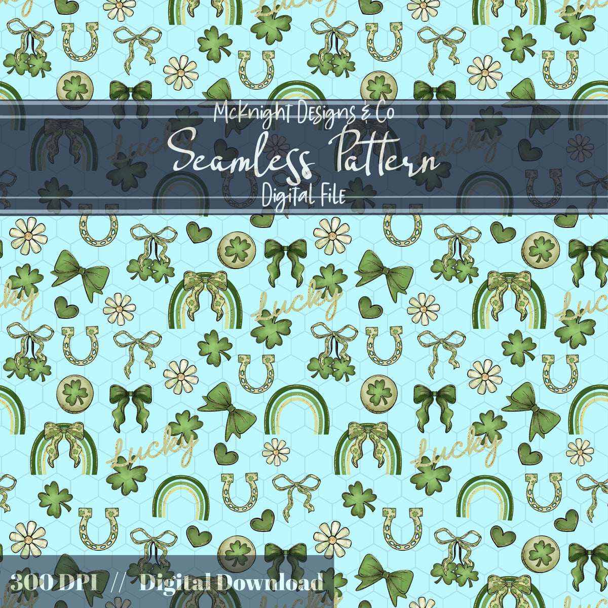 St. Patrick’s Day Lucky Seamless Pattern | Clover Bow Rainbow Irish Charm McKnight Designs & Co Seamless Pattern File
