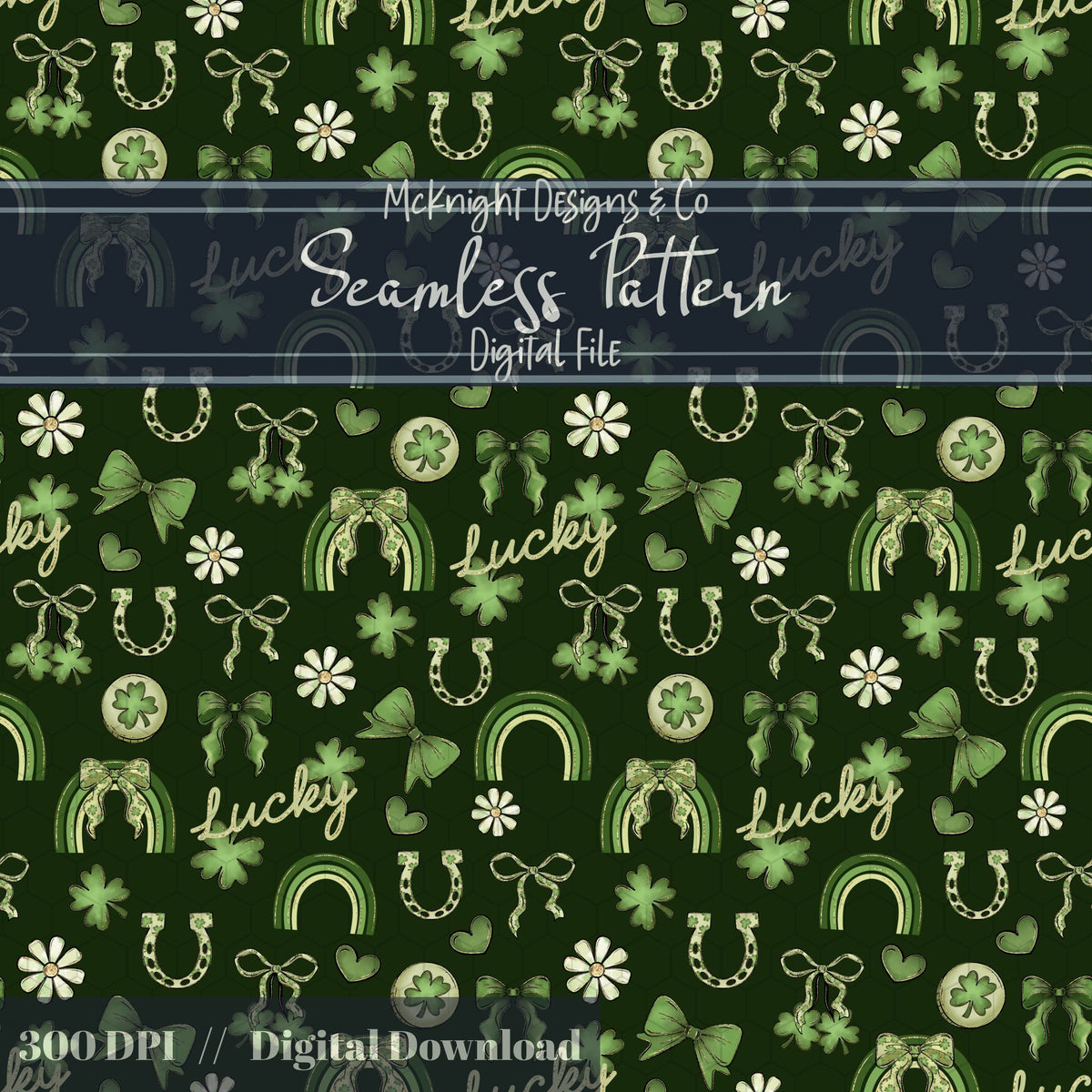 St. Patrick’s Day Lucky Seamless Pattern | Clover Bow Rainbow Irish Charm McKnight Designs & Co Seamless Pattern File