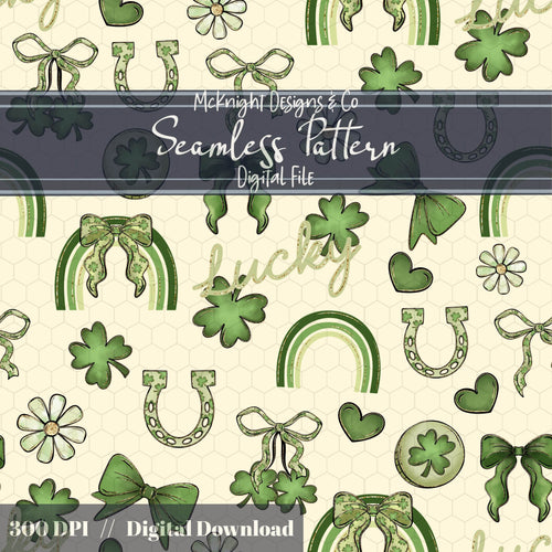 St. Patrick’s Day Lucky Seamless Pattern | Clover Bow Rainbow Irish Charm McKnight Designs & Co Seamless Pattern File