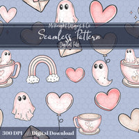 Pastel Ghost Teacup Seamless Pattern | Cute Spooky Valentine Repeat | Hand Drawn Surface Design McKnight Designs & Co Seamless Pattern File