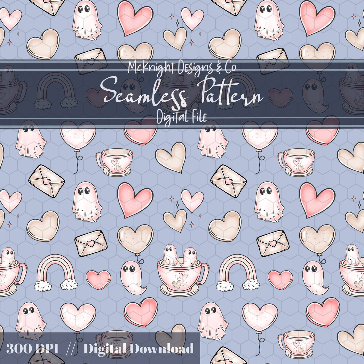 Pastel Ghost Teacup Seamless Pattern | Cute Spooky Valentine Repeat | Hand Drawn Surface Design McKnight Designs & Co Seamless Pattern File