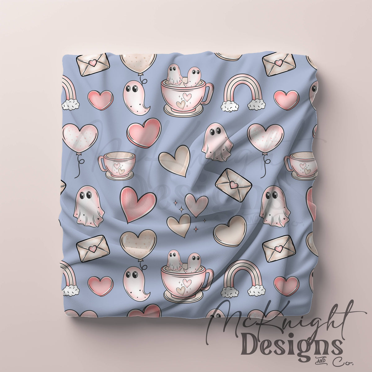 Pastel Ghost Teacup Seamless Pattern | Cute Spooky Valentine Repeat | Hand Drawn Surface Design McKnight Designs & Co Seamless Pattern File