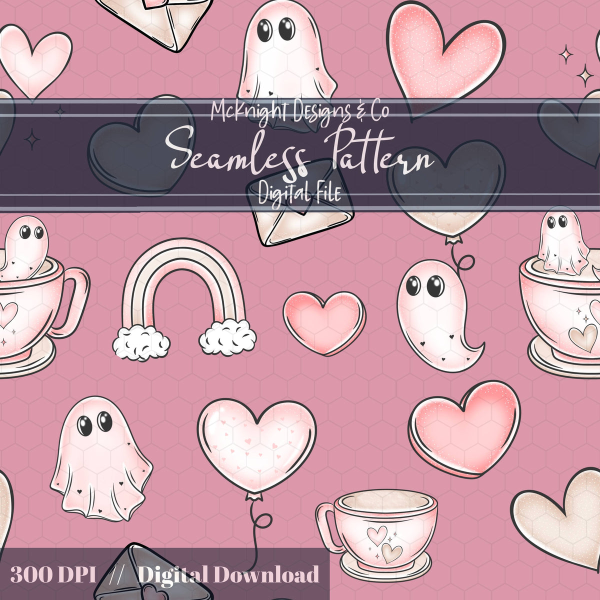Pastel Ghost Teacup Seamless Pattern | Cute Spooky Valentine Repeat | Hand Drawn Surface Design McKnight Designs & Co Seamless Pattern File