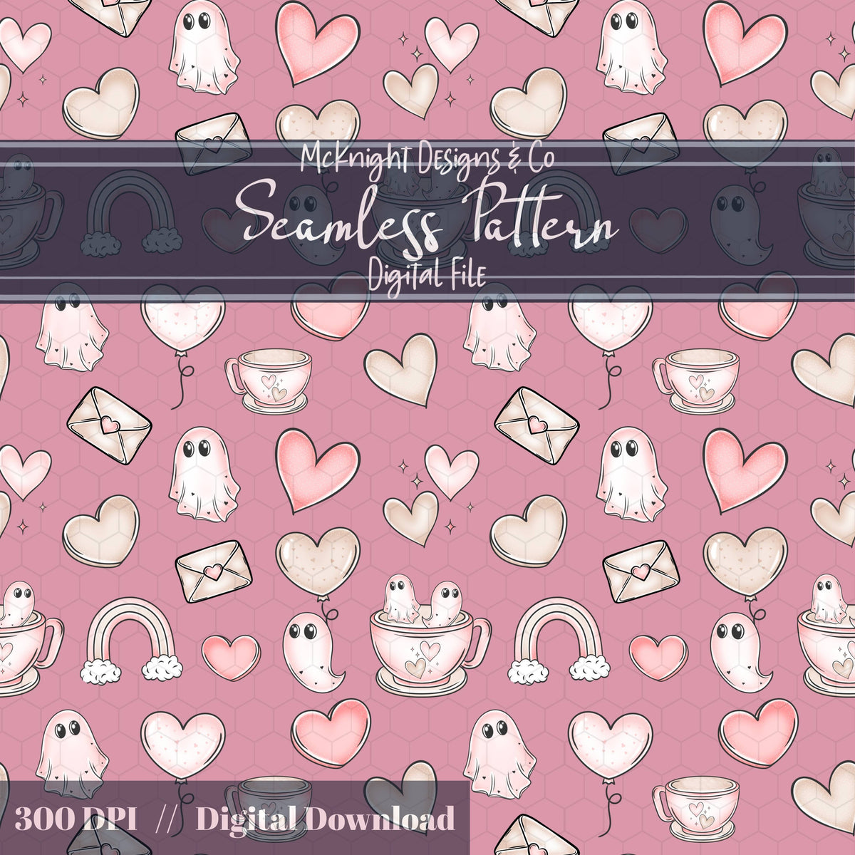 Pastel Ghost Teacup Seamless Pattern | Cute Spooky Valentine Repeat | Hand Drawn Surface Design McKnight Designs & Co Seamless Pattern File