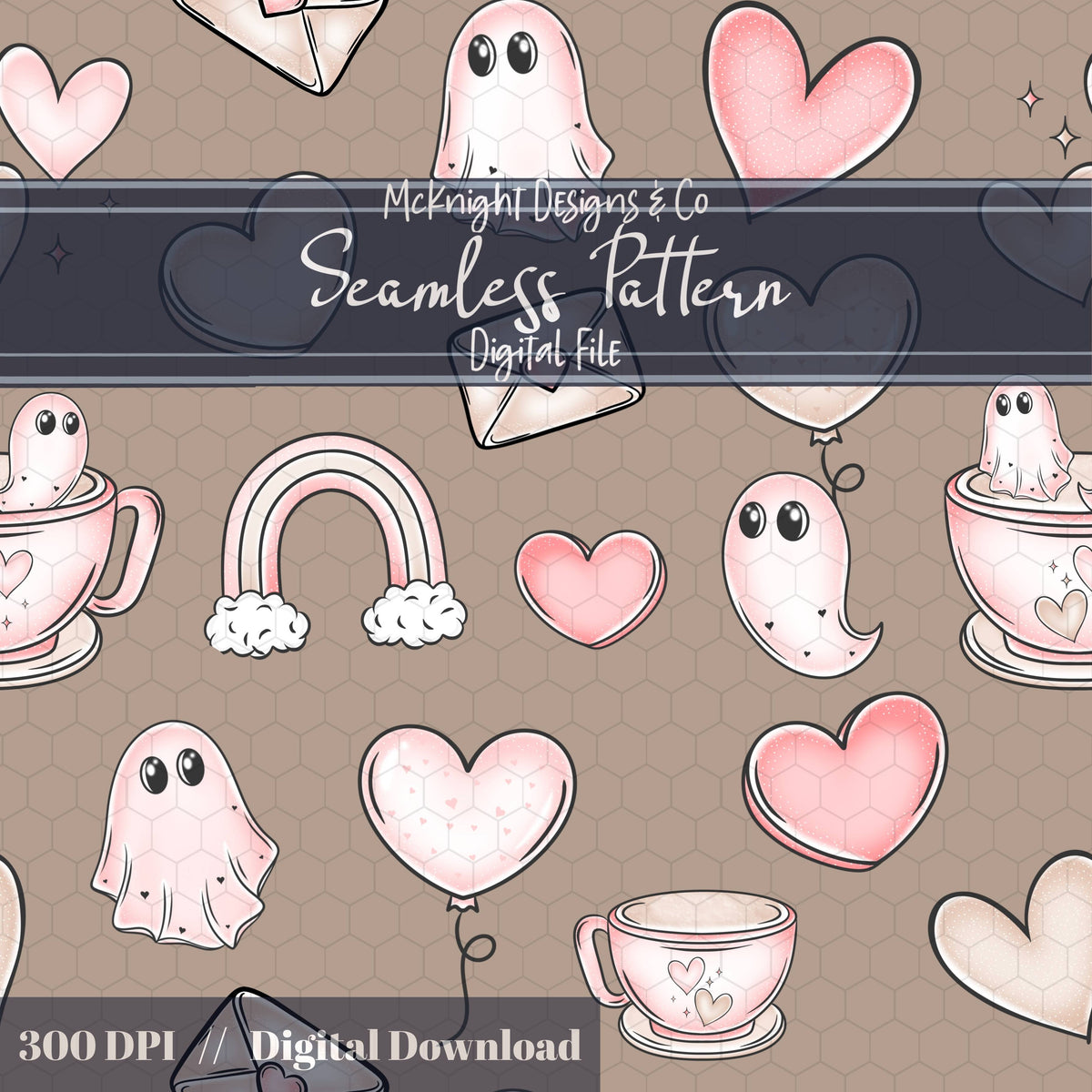 Pastel Ghost Teacup Seamless Pattern | Cute Spooky Valentine Repeat | Hand Drawn Surface Design McKnight Designs & Co Seamless Pattern File