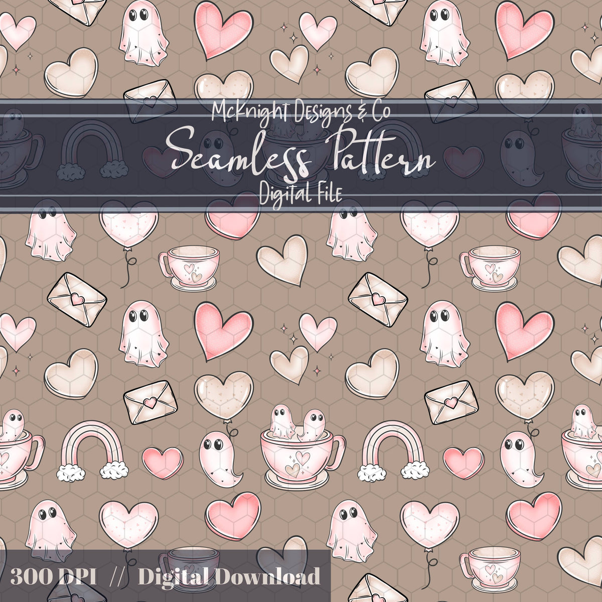 Pastel Ghost Teacup Seamless Pattern | Cute Spooky Valentine Repeat | Hand Drawn Surface Design McKnight Designs & Co Seamless Pattern File