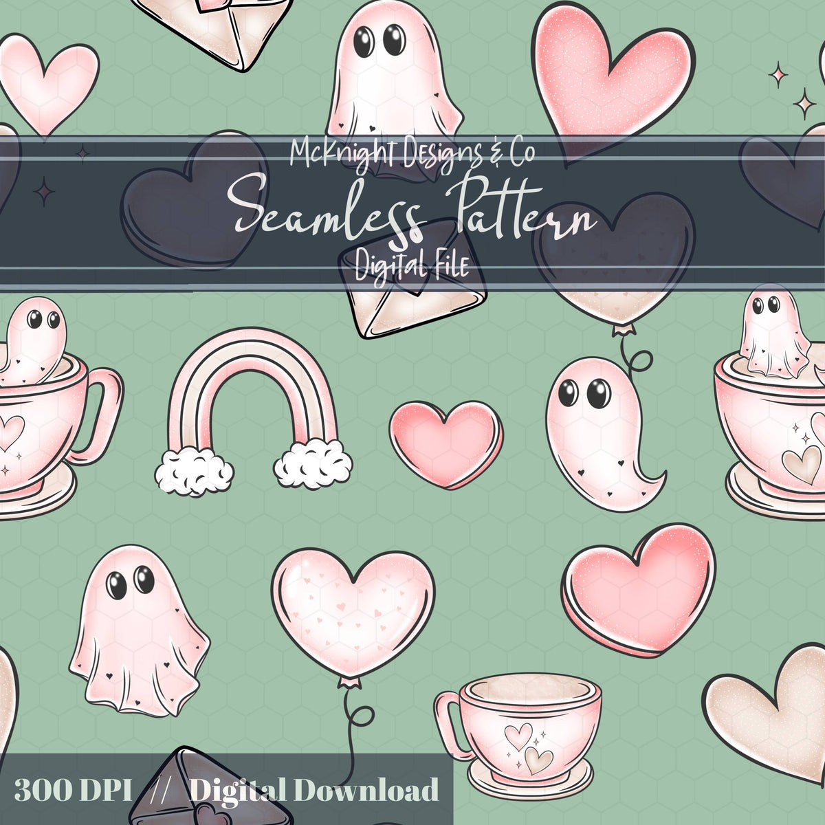 Pastel Ghost Teacup Seamless Pattern | Cute Spooky Valentine Repeat | Hand Drawn Surface Design McKnight Designs & Co Seamless Pattern File