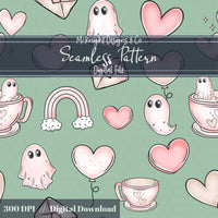 Pastel Ghost Teacup Seamless Pattern | Cute Spooky Valentine Repeat | Hand Drawn Surface Design McKnight Designs & Co Seamless Pattern File
