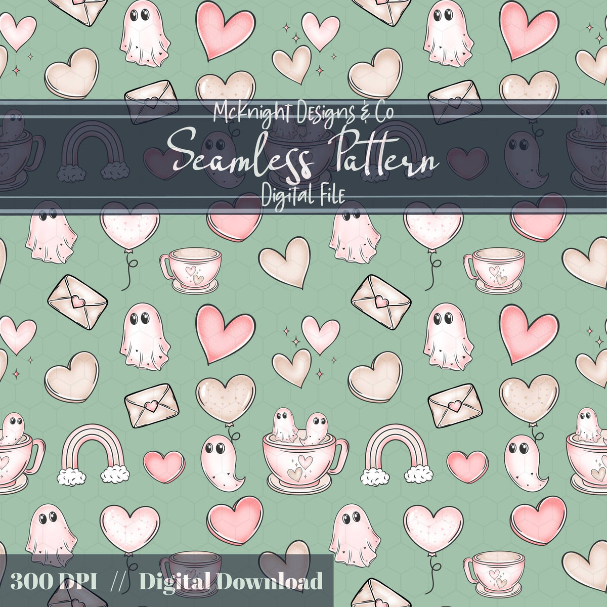 Pastel Ghost Teacup Seamless Pattern | Cute Spooky Valentine Repeat | Hand Drawn Surface Design McKnight Designs & Co Seamless Pattern File