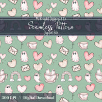 Pastel Ghost Teacup Seamless Pattern | Cute Spooky Valentine Repeat | Hand Drawn Surface Design McKnight Designs & Co Seamless Pattern File