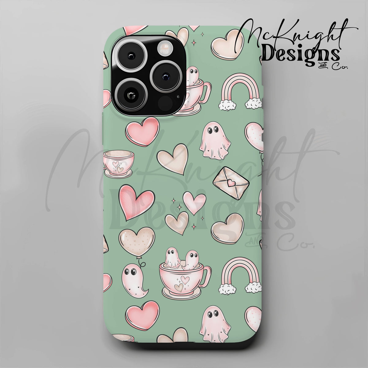 Pastel Ghost Teacup Seamless Pattern | Cute Spooky Valentine Repeat | Hand Drawn Surface Design McKnight Designs & Co Seamless Pattern File