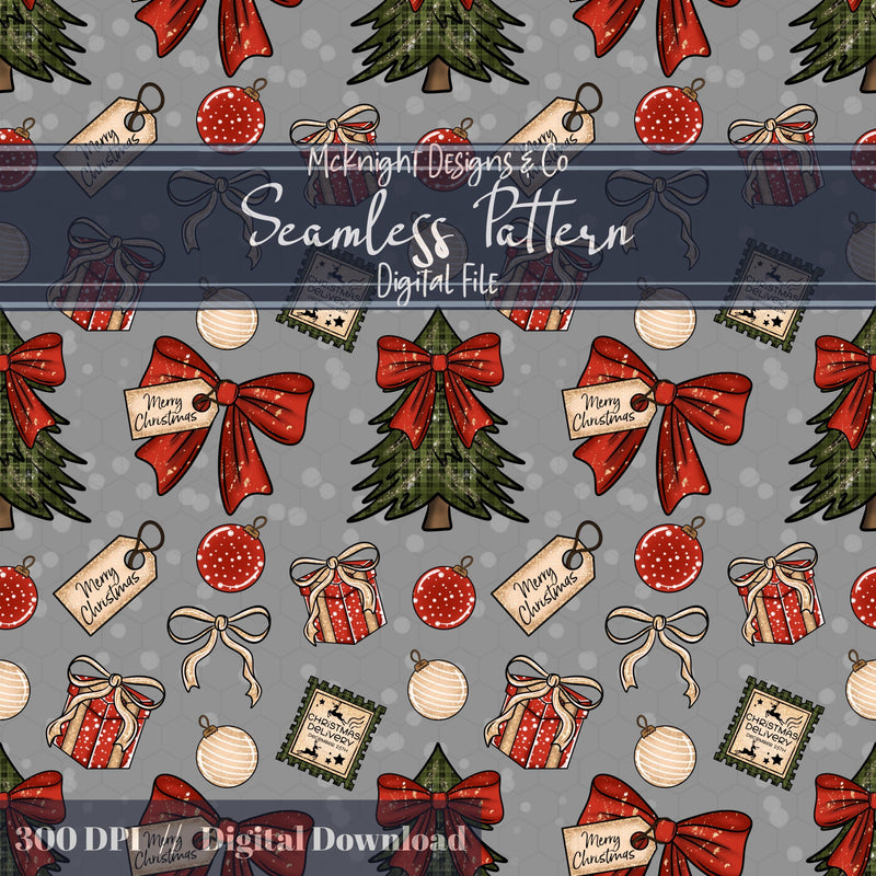 raditional Christmas Seamless Pattern – Vintage Holiday Trees, Bows, Ornaments & Gift Tags McKnight Designs & Co Seamless Pattern File Gray