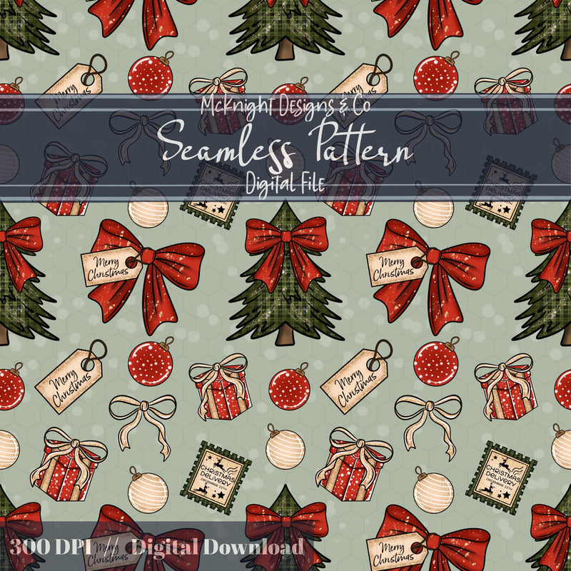 raditional Christmas Seamless Pattern – Vintage Holiday Trees, Bows, Ornaments & Gift Tags McKnight Designs & Co Seamless Pattern File Green