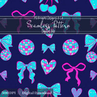 Disco Coquette Valentine Seamless Pattern | Bows Hearts Cherries Repeat | Hand Drawn Digital Design McKnight Designs & Co Seamless Pattern File