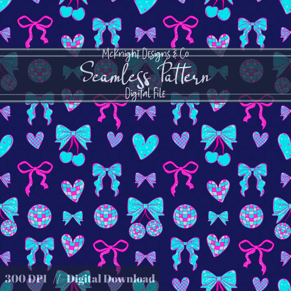 Disco Coquette Valentine Seamless Pattern | Bows Hearts Cherries Repeat | Hand Drawn Digital Design McKnight Designs & Co Seamless Pattern File