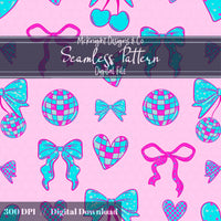 Disco Coquette Valentine Seamless Pattern | Bows Hearts Cherries Repeat | Hand Drawn Digital Design McKnight Designs & Co Seamless Pattern File