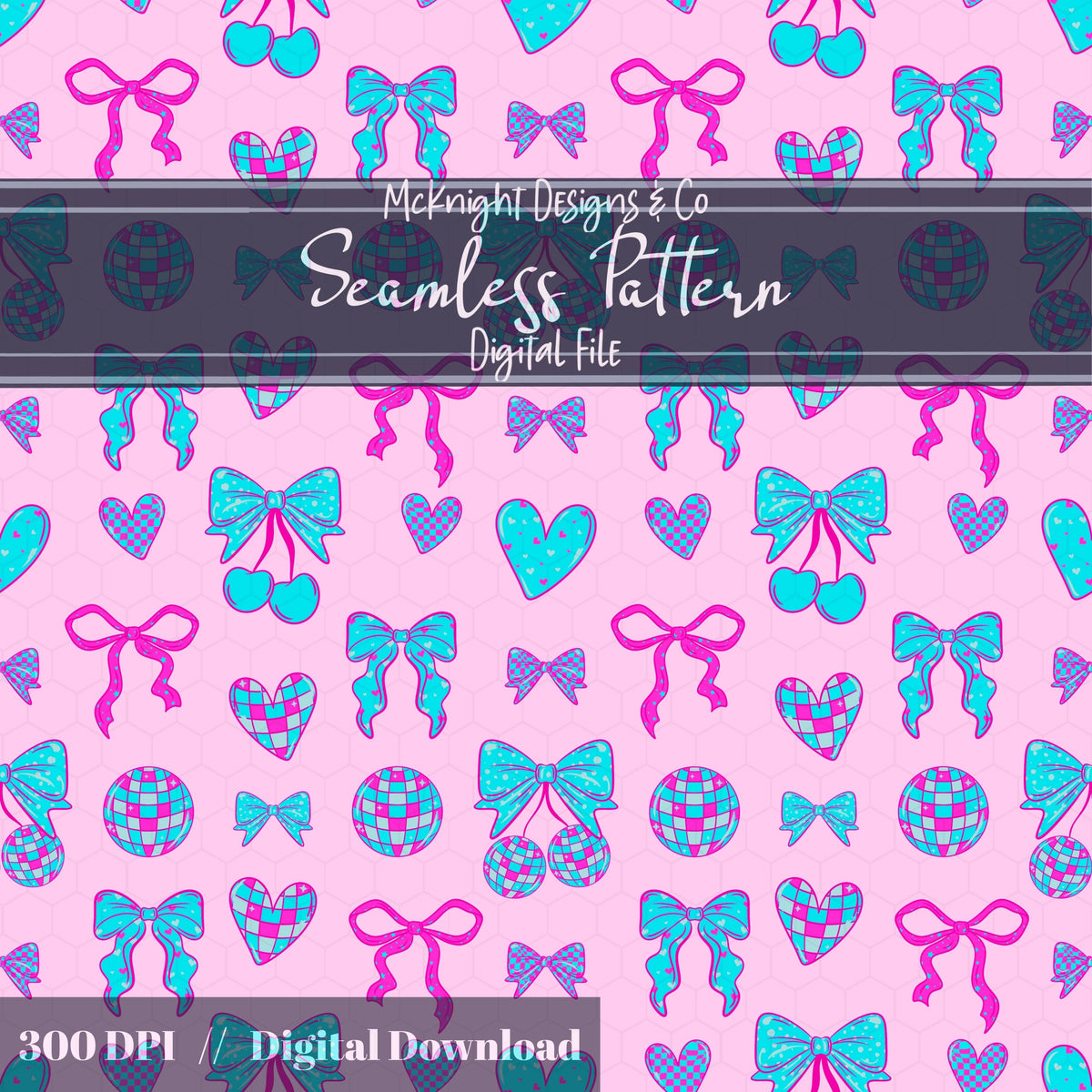 Disco Coquette Valentine Seamless Pattern | Bows Hearts Cherries Repeat | Hand Drawn Digital Design McKnight Designs & Co Seamless Pattern File