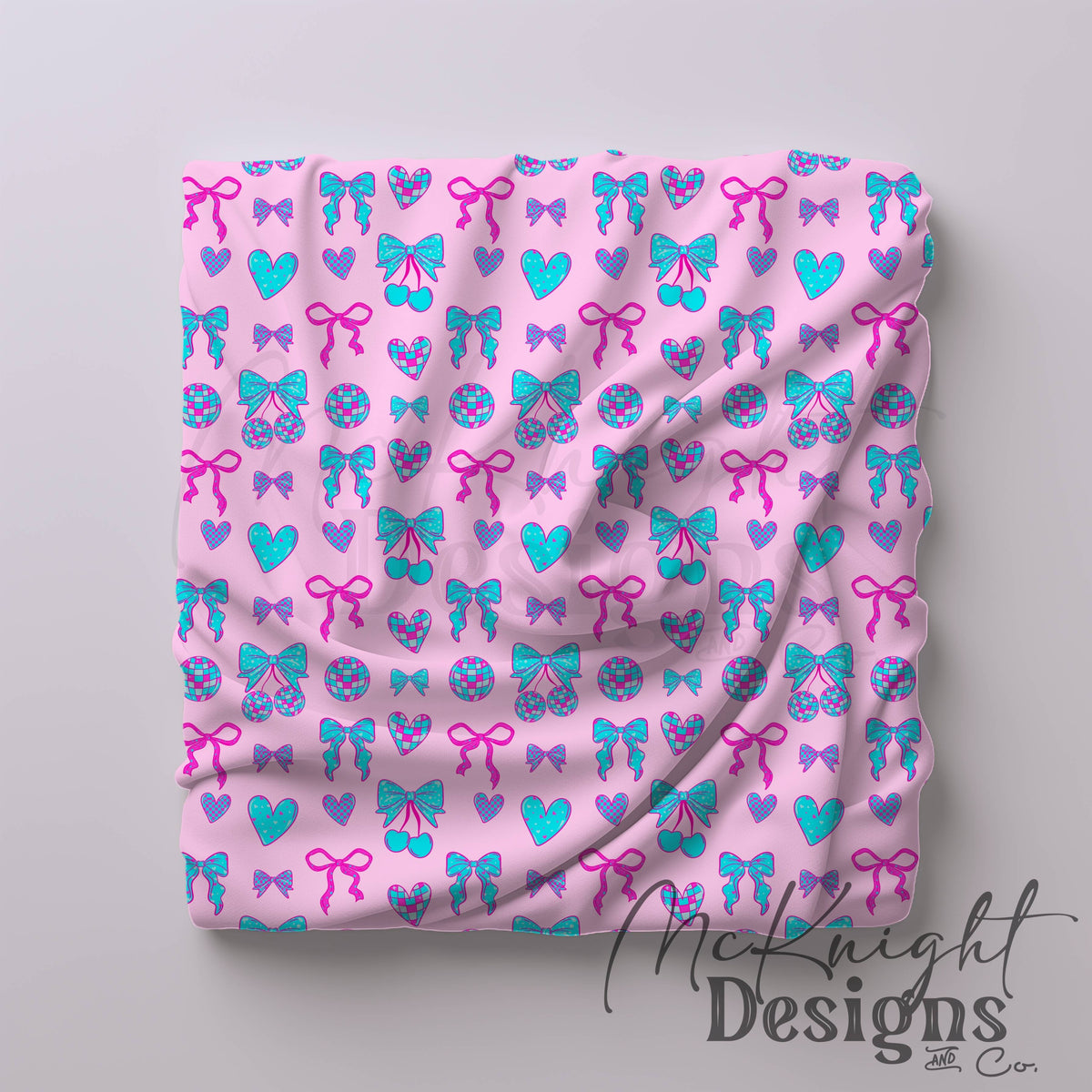 Disco Coquette Valentine Seamless Pattern | Bows Hearts Cherries Repeat | Hand Drawn Digital Design McKnight Designs & Co Seamless Pattern File