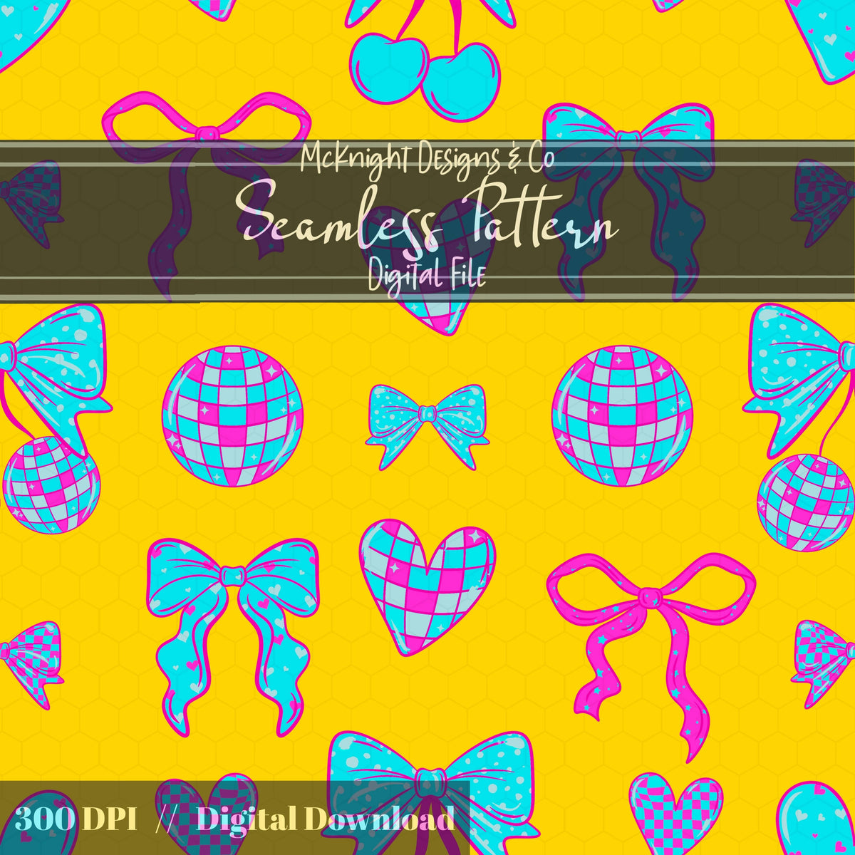 Disco Coquette Valentine Seamless Pattern | Bows Hearts Cherries Repeat | Hand Drawn Digital Design McKnight Designs & Co Seamless Pattern File
