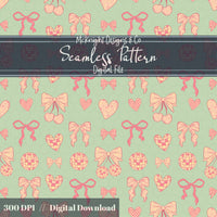 Disco Coquette Valentine Seamless Pattern | Bows Hearts Cherries Repeat | Hand Drawn Digital Design McKnight Designs & Co Seamless Pattern File